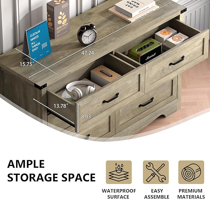 6-Drawer Dresser for Bedroom – 47" Wide Modern Wooden Chest with Natural Wood Texture, TV Stand & Storage, Metal Corner Brackets, Wood Drawer Organizer for Living Room, Hallway