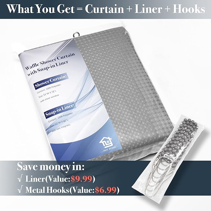 N&Y HOME Stall Waffle Shower Curtain with Snap-in Fabric Liner & Hooks Set - 54" x 78" Shower Stall Size, Hotel Style & Mesh Top Window, Machine Washable - 54x78, Gray