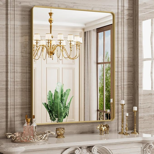 Gold Bathroom Mirror, 28x36 Inch Brushed Gold Metal Frame Mirror for Wall, Rounded Rectangle Bathroom Vanity Mirror, Tempered Glass, Anti-Rust, Horizontal/Vertical
