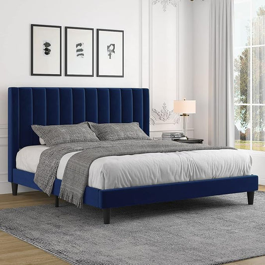 Allewie King Platform Bed Frame/Velvet Upholstered Bed Frame with Vertical Channel Tufted Headboard/Strong Wooden Slats/Mattress Foundation/Box Spring Optional/Easy Assembly/Navy Blue