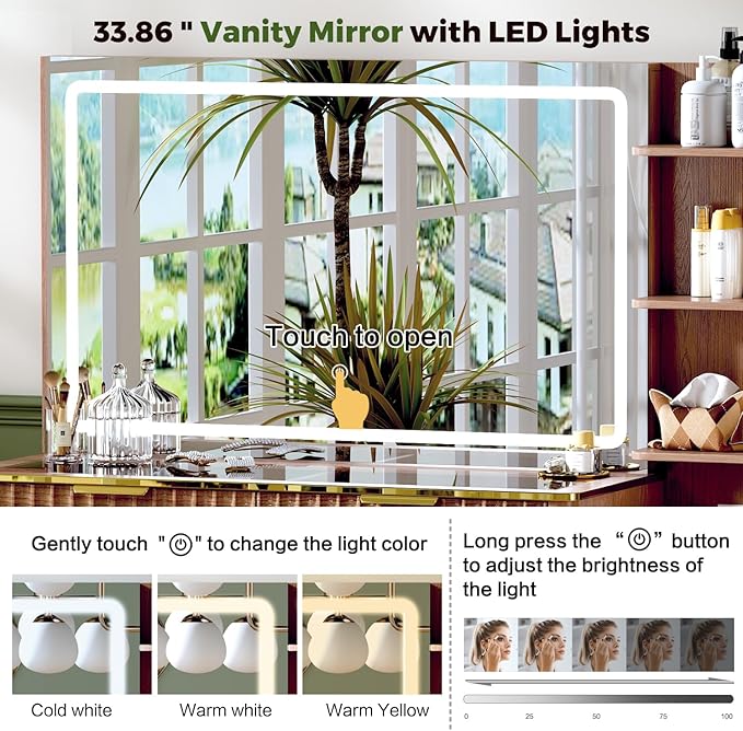 Modern Vanity Desk with Mirror and Lights, 49.2'' Fluted Makeup Vanity Desk with 5 Drawers and Shelves,Dressing Table with Glass Top and Power Outlet for Bedroom,Walnut