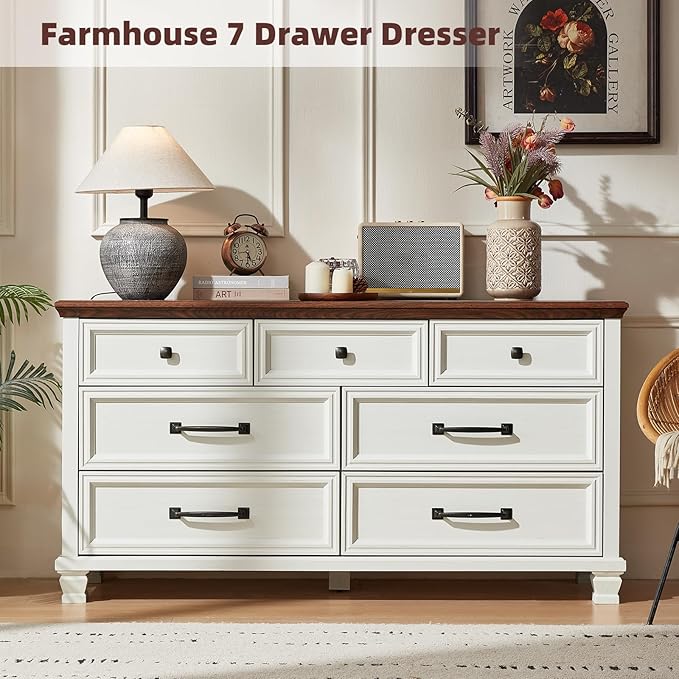 Farmhouse 7 Drawer Dresser for Bedroom, 54” Wide Dresser for Closet, Large Rustic Wooden Dressers, Chest of Drawers for Bedroom, Living Room, Entryway, White