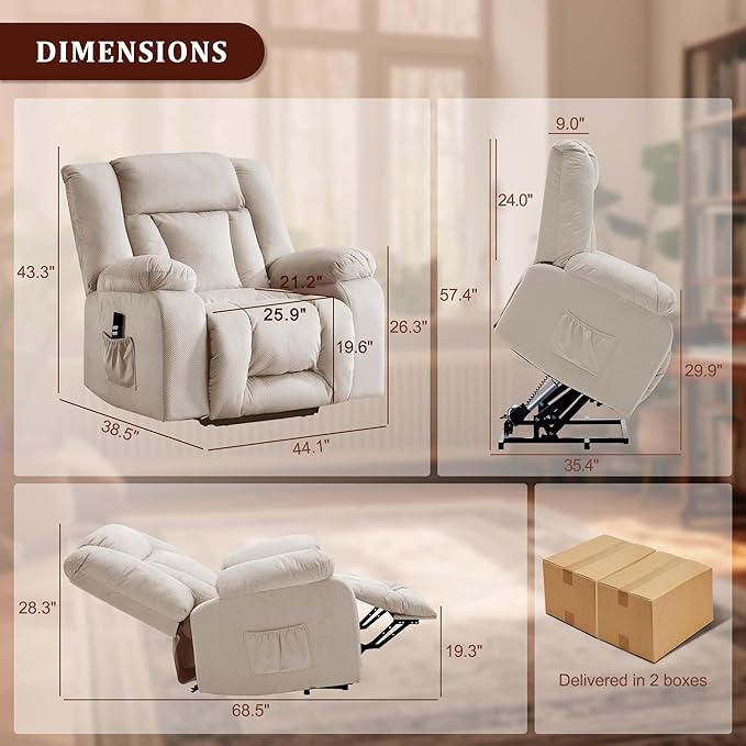 Oversized Dual Motor Power Lift Recliner for Adults, Electric Lift Chair with Heating and Massage, Waffle Fabric Electric Recliner Chair with Side Pockets, Wide Recliner for Living Room