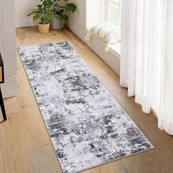 Modern Abstract 2x10 Runner Rug Non Slip Non Shedding Low Pile Stain Resistant Rug for Hallway Kitchen Bedroom,Grey