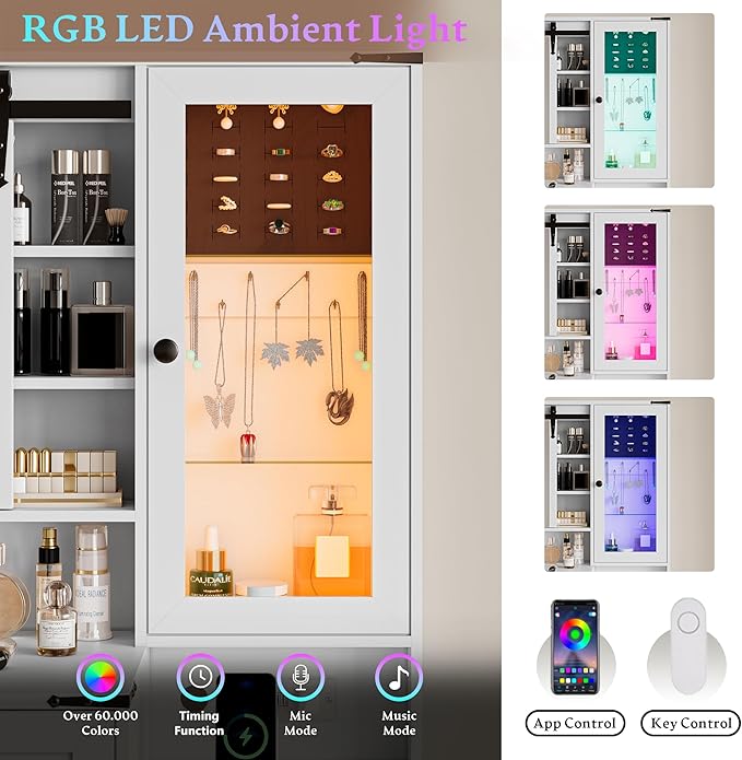 Farmhouse Makeup Vanity Desk with Mirror and Lights, White Vanity Desk with Lighted Mirror & Power Outlet, RGB Glass Cabinet, Makeup Dressing Table with 3 Lighting Modes for Bedroom