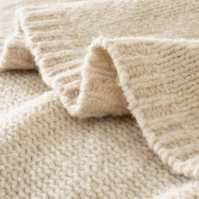 Carriediosa Wool Blend Knit Throw Blanket 60" X 80" Twin, 50% Recycled Polyester Soft Cable Knitted Fluffy Throws for Couch Lightweight Woven Blankets for Sofa Fuzzy Cozy Bed Cover, Light Beige