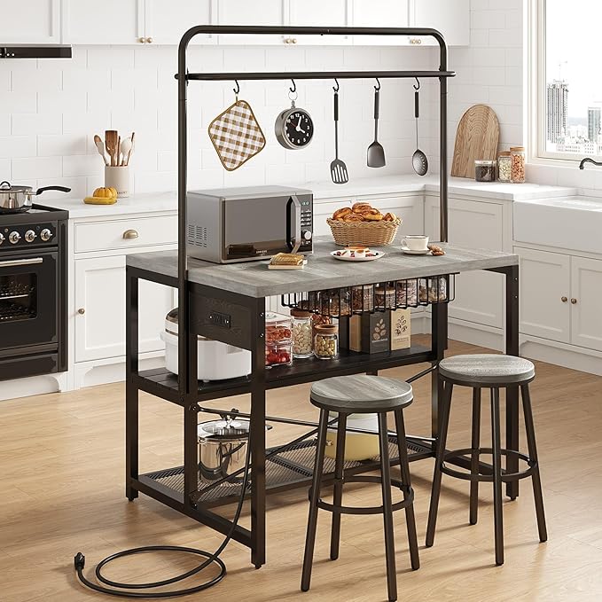 46" Large Kitchen Island Table Baker Rack with Power Outlet and 3-Tier Storage-Microwave Stand Oven Shelf, Metal Coffee Bar Table,Kitchen Storage Shelf for Dining Living Room, 5 Hooks,Grey
