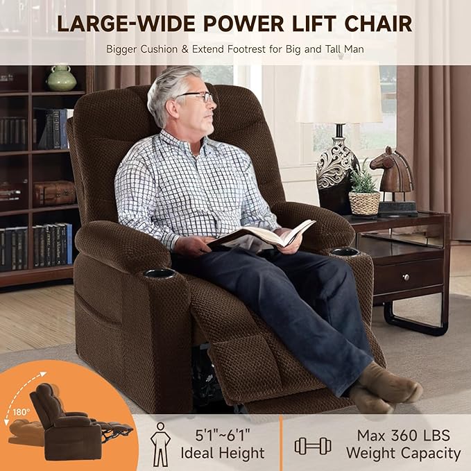 Triple Motor Large-Wide Power Lift Recliner Chair with Power Headrest for Big and Tall Elderly, Infinite Position, Massage Heat, Extend Footrest, USB, Cup Holder, Plush Flannel, Dark Brown