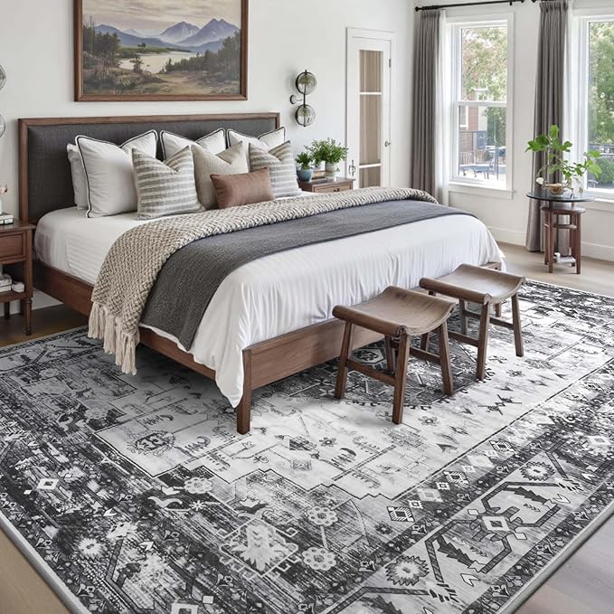 8x10 Area Rugs for Living Room, Non Slip Large Vintage Floral Rug for Bedroom Dining Room Farmhouse Classroom Kids Playroom Home Decor,Grey