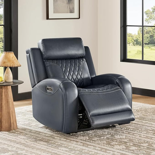CHITA Genuine Leather Recliner Chair for Adults with Adjustable Power Headrest, Lay Flat Power Recliner with Slide-Out Cupholders & USB/Type-C Ports, Living Room Chair, Navy Blue