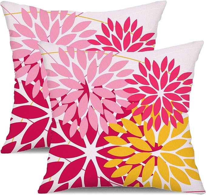 DFXSZ Outdoor Pillow Covers 20x20 Inch Set of 2 Pink Yellow Flower Decorative Waterproof Summer Outdoor Valentines Pillow Covers for Patio Funiture Garden Couch 168J20
