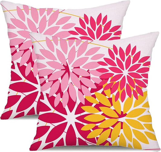 DFXSZ Outdoor Pillow Covers - 18x18 Inch Set of 2 Pink Yellow Flower Decorative Waterproof Summer Pillow Covers for Patio Furniture, Garden Couch