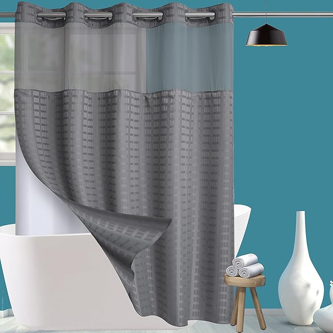 Conbo Mio No Hook Shower Curtain with Snap in Liner Set, Hotel Luxury Grey Shower Curtains for Bathroom with See Through Top Window, Waterproof, Washable 71W x 74H
