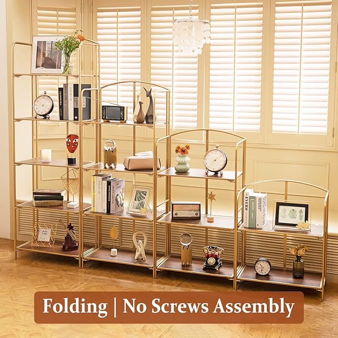 Crofy No Assembly Folding Bookshelf for Living Room, 4 Tier Gold Collapsible Book Shelf for Home Office, Portable Bookcase Storage Organizer