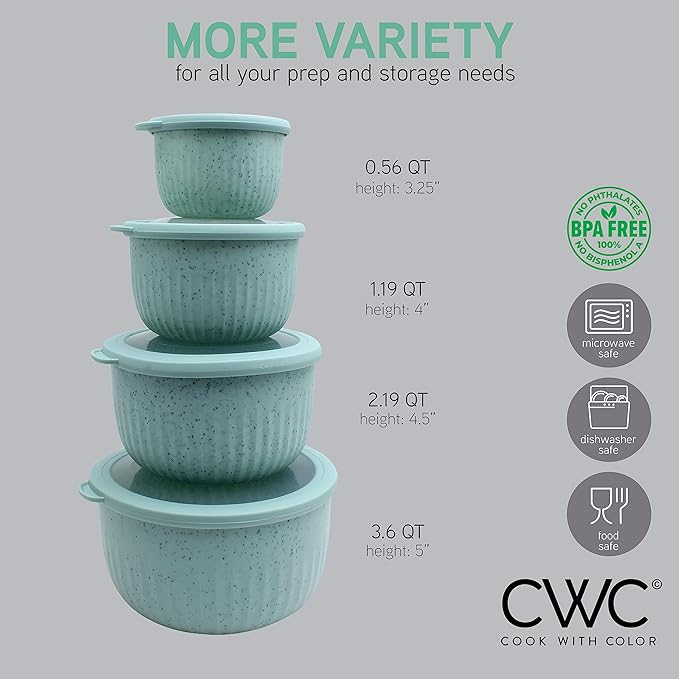 COOK WITH COLOR Prep Bowls with Lids- Wide and Deep Nesting Plastic Small Mixing Bowl Set with Lids, 8 Piece Set - Deep Bowls, Speckled Mint