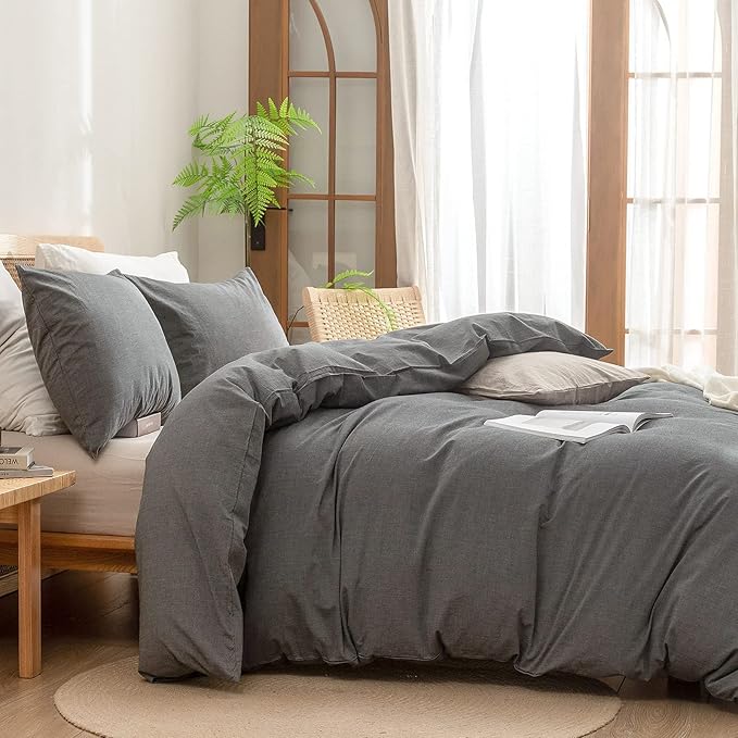 BESTOUCH Duvet Cover Set 100% Washed Cotton Linen Feel Super Soft Comfortable Chic Lightweight 3 PCs Home Bedding Set Solid Dark Grey King