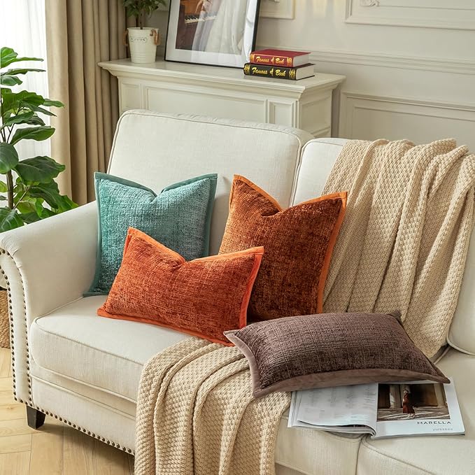 Yaertun Pack of 2 Chenille Textured Decorative Throw Pillow Covers Accent Solid Cushion Cover Soft Cozy Pillow Case with Velvet Back for Couch Sofa Bed Living Room 16x16 Inch Rust