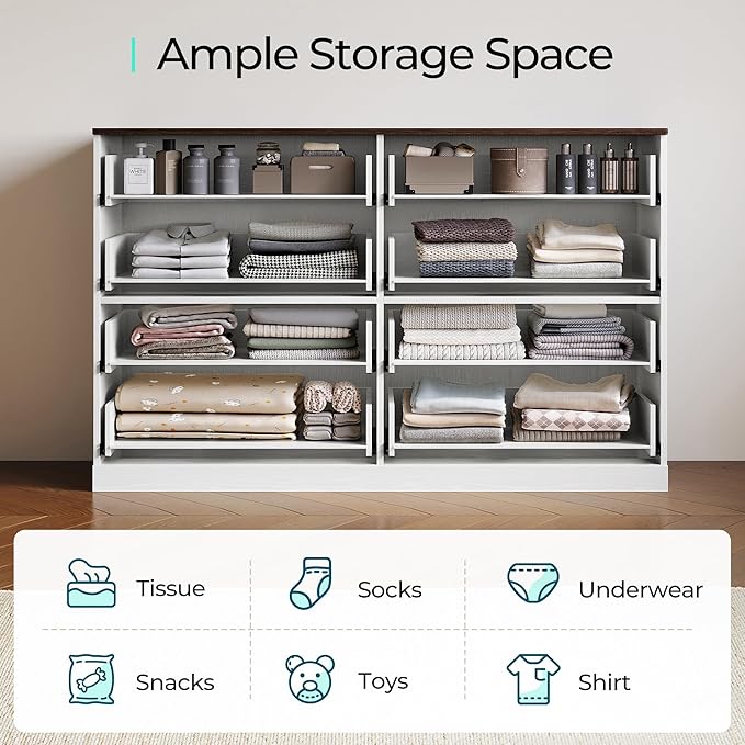 LINSY HOME 8 Drawer Dresser for Bedroom, 54" Wide Chest of Drawers, Modern TV Stand Dressers with Wood Frame and Metal Handles, Large Drawer Organizer for Bedroom, Living Room, White