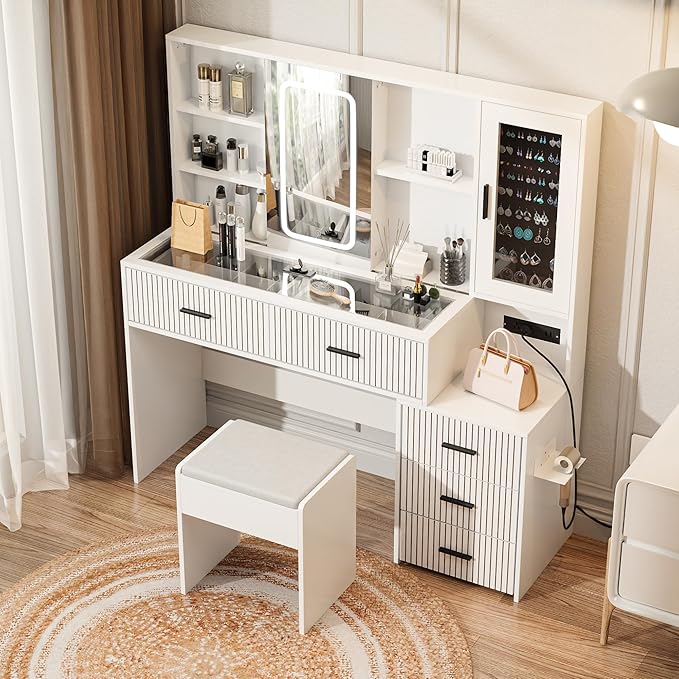 Large White Vanity Desk with Mirror and Lights，Vanity Table Makeup Vanity 5 Drawers with Power Strip Charging Station，Cushioned Stool for Bedroom, Dressing Room (White)