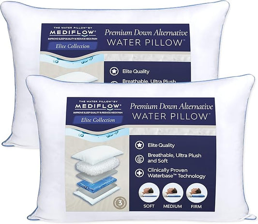 Water Pillow - Elite Collection Down Alternative. Orthopedic for Neck Pain Relief, Adjustable Water Pillow for Sleeping. (2 Pack)