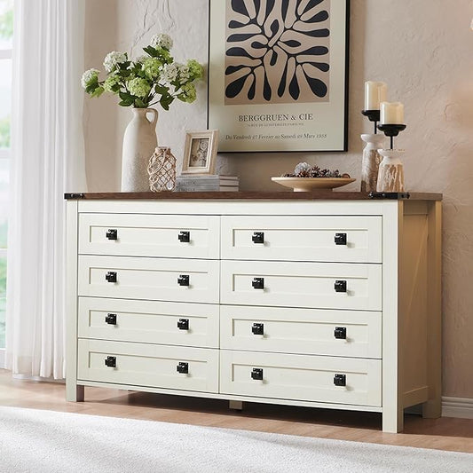RedLemon Farmhouse 8 Drawer Dresser for Bedroom, 54 Inch Wide Rustic Wood Dresser TV Stand, Dresser Chest of Drawers for Closet, Living Room, Hallway, Antique White