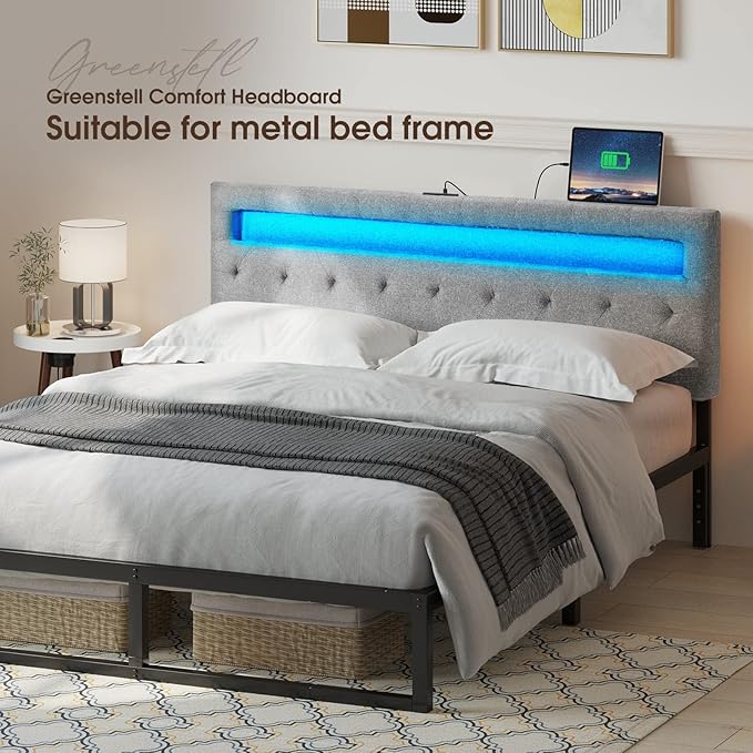 GREENSTELL Headboard for Queen Size Bed with 60,000 DIY Color of LED Light, USB & Type C Post, Attach Frame, Height Adjustable, Gray Wall Mounted Head Boards Only, Sturdy & Stable, Comfortable, Queen