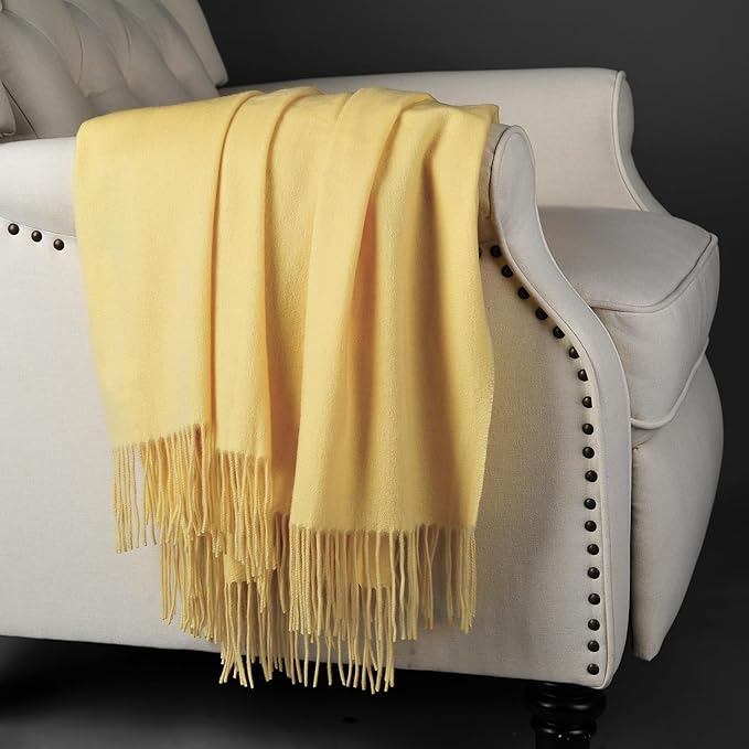 CUDDLE DREAMS Premium Cashmere Throw Blanket with Fringe, Luxuriously Soft (Yellow)