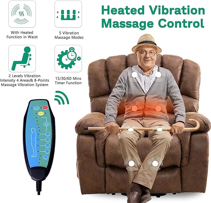 VIVIJASON Large Dual OKIN Motor Power Lift Recliner Chair for Elderly Big Man, 180° Lay Flat Electric Recliner with Heat & Massage, Infinite Position, 2 Remote Controls, Side Pockets & USB Port, Brown