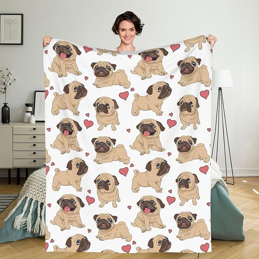 Flannel Fleece Throw Blanket, Fun Cartoon Pug Lightweight Throw Blanket, Travel Blanket Cozy Plush Warm Blankets for Bedroom Living Rooms Sofa Beds Office 60x50 Inch