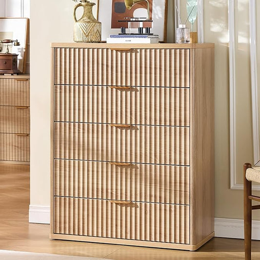 LEYAOYAO Fluted 5 Drawers Dresser for Bedroom, 41" Tall Modern Chest of Drawers with Metal Handle, Curved Profile Design,Natural Wood Drawer Organizer for Bedroom, Living Room, Hallway, Entryway