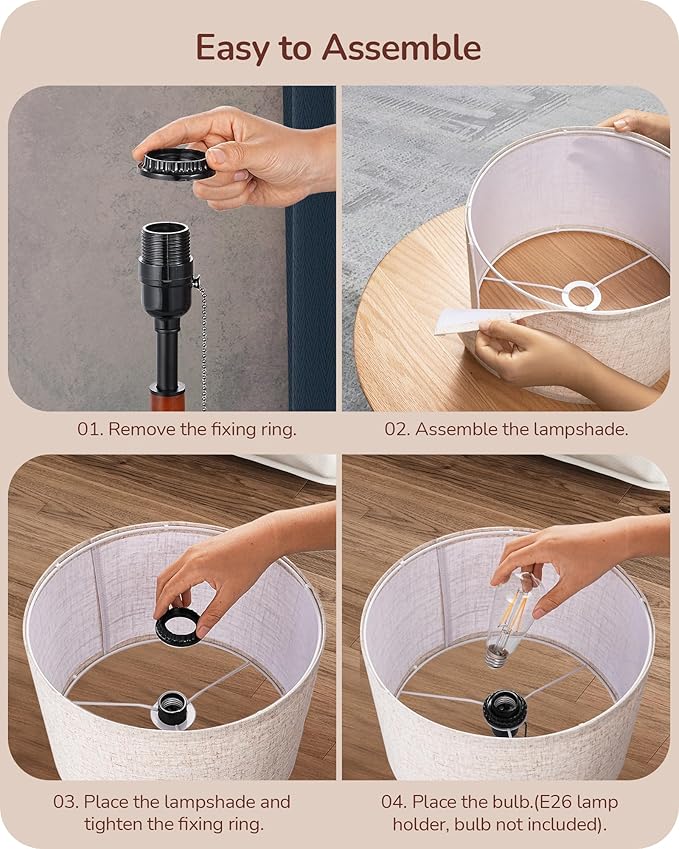 EDISHINE Mid Century Table Lamp Set of 2, Pull Chain Switch Bedside Lamp, Linen Shade, Solid Wood Pole & Black Metal Base, Modern Nightstand Lamp for Bedroom, Living Room, Office, E26 Base