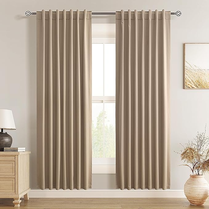 Guken Tan Blackout Curtains 72 Inch Length 2 Panels Set for Living Room Bedroom Back Tab Thermal Insulated 100% Black Out Linen Drapes Room Darkening Window Curtains 72 Inches Long