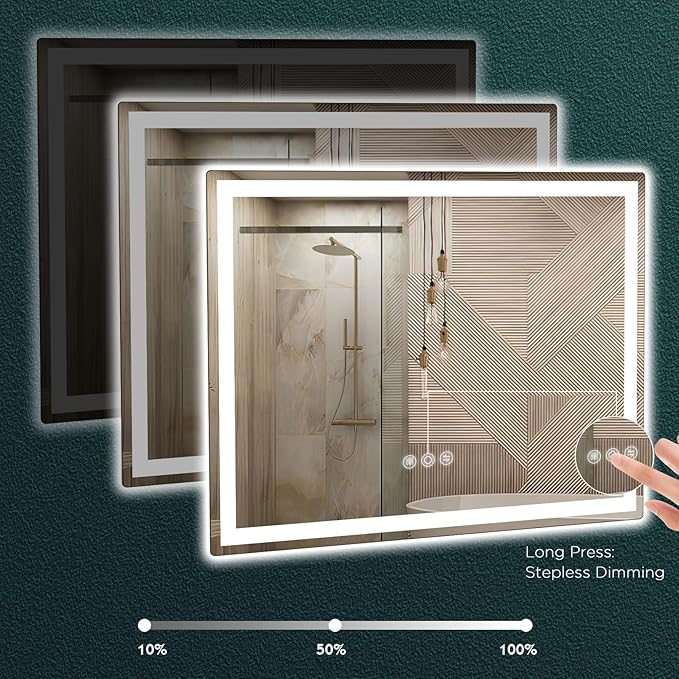 LED Mirror for Bathroom 36"x 48" with Frontlit and Backlit, Anti-Fog Mirror with Lights, Stepless 3 Colors Temperature & Dimmable Bathroom Mirror