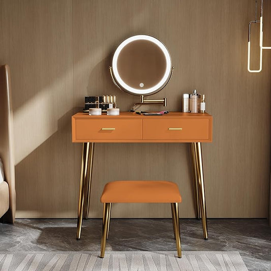 Vanity Desk with Adjustable Mirror and Lights, Makeup Desk with Drawers and Chair, Dressing Table Set with Leather Surface, Small Vanity Table for Bedroom, 3 Lighting Modes (Orange)