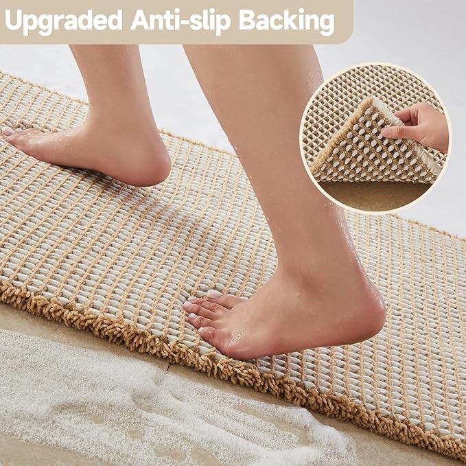 Waffle Bath Mat, Boho Bathroom Rugs Non Slip Washable Super Absorbent Quick Dry Bath Mat Farmhouse Bathroom Decor, 36"x24" Khaki and White