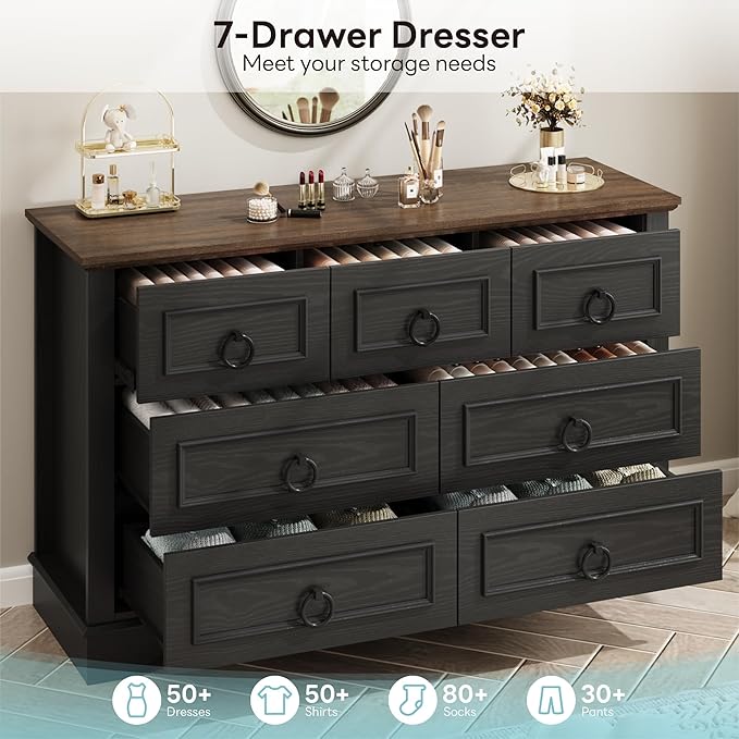 LIKIMIO Black Dresser for Bedroom, 47.2" W Farmhouse 7 Drawer Dresser with Round Metal Handle, Thickened Desktop, Wood Rustic Chest of Drawers for Hallway, Entryway