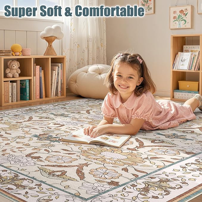 Nursery Rug 10x14 for Kids & Girls - Washable Vintage Large Floral Area Rugs - Ultra Thin Stain Resistant Non Slip Carpets for Kids Playroom, Living Room, Bedroom, Dining Room, Office - Floral