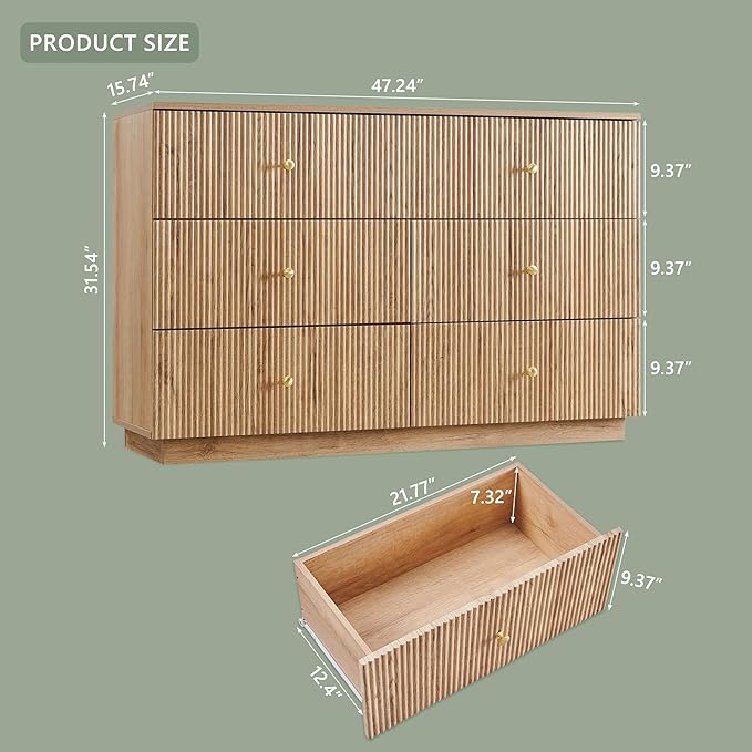 Fluted Dresser for Bedroom, 47" 6 Drawer Dressers, Wood Tall Dresser Storage Organizer, Modern Chest of Drawers with Deep Storage for Closet Hallway, Entryway, Living Room, Natural
