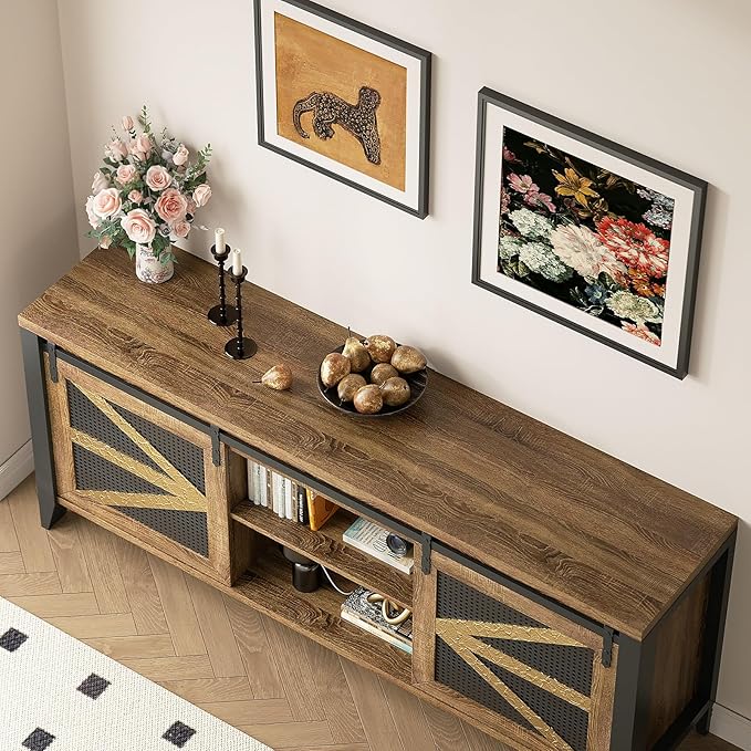 VFK 70 Inch TV Stand for TVs up to 70", Rustic Farmhouse Media Console with Sliding Barn Doors, 6 Drawers, Entertainment Center for Living Room