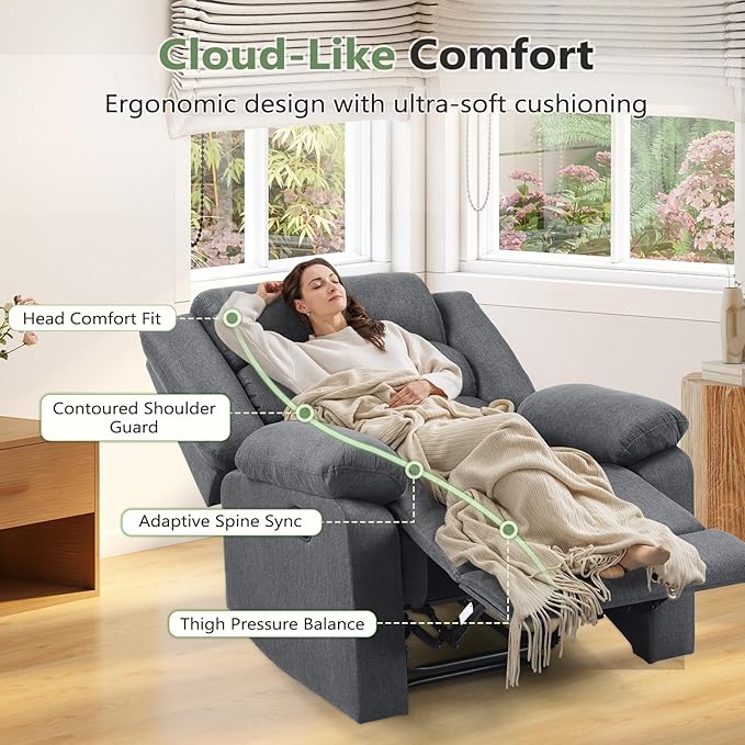 ANJ Fabric Recliner Chair with Overstuffed Arms and Back, Comfy Grey Manual Recliner for Adults, Living Room Single Sofa