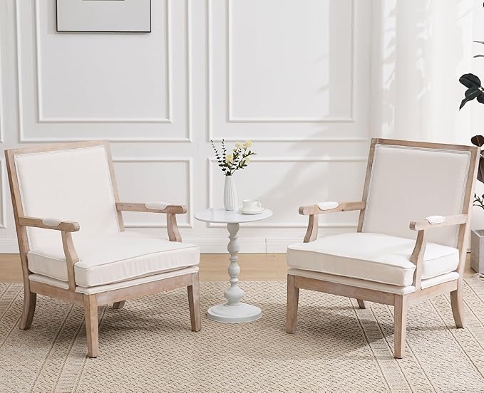 chairus Farmhouse Linen Accent Chair Set of 2, Upholstered Reading Chair with Solid Wood Frame Lounge Arm Chair with High Back for Living Room, Reception Room, Waiting Room, Beige