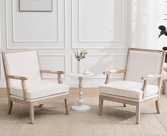 chairus Farmhouse Linen Accent Chair Set of 2, Upholstered Reading Chair with Solid Wood Frame Lounge Arm Chair with High Back for Living Room, Reception Room, Waiting Room, Beige