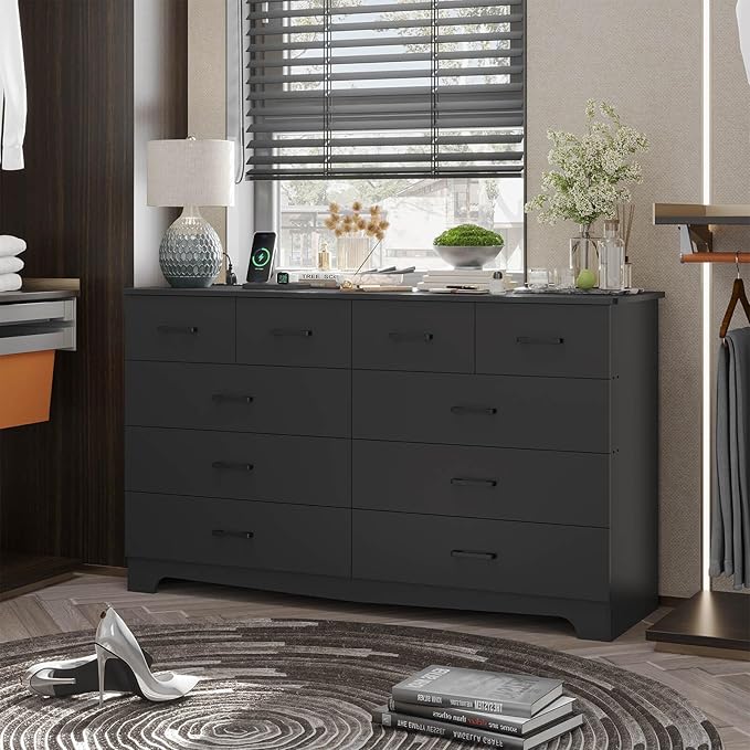 Hasuit 10 Drawer Dresser for Bedroom, Large Chest of Drawers with Charging Station, 55.1'' Wide Storage Clothes Closet Organizer, Long Dresser TV Stand for Living Room, Black