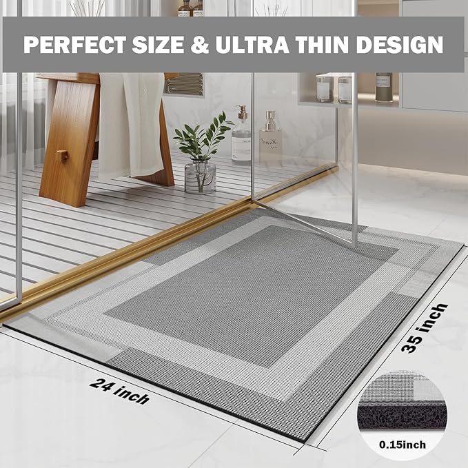 Non Slip Bath Mat, Rubber Backing Ultra Thin Bathroom Rugs Fit Under Door Quick Dry Super Absorbent Washable Bath Rug Shower Mat for Bathroom Floor Bathtub Shower Sink, Easy Care Gray 24"x 35"