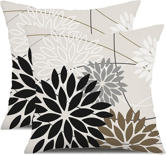 Black Brown Outdoor Pillow Covers 18x18 Inch Set of 2 White Gray Flower Throw Pillows Farmhouse Outdoor Modern Floral Polyester Square Cushion Case Decor for Sofa Patio Funiture Garden 01A18