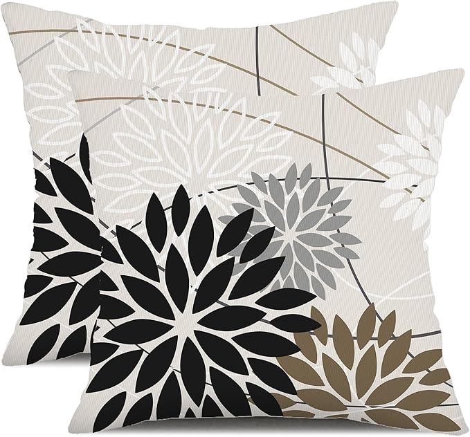 Black Brown Outdoor Pillow Covers 16x16 Inch Set of 2 White Gray Flower Throw Pillows Farmhouse Outdoor Modern Floral Polyester Square Cushion Case Decor for Sofa Patio Funiture Garden 01A16