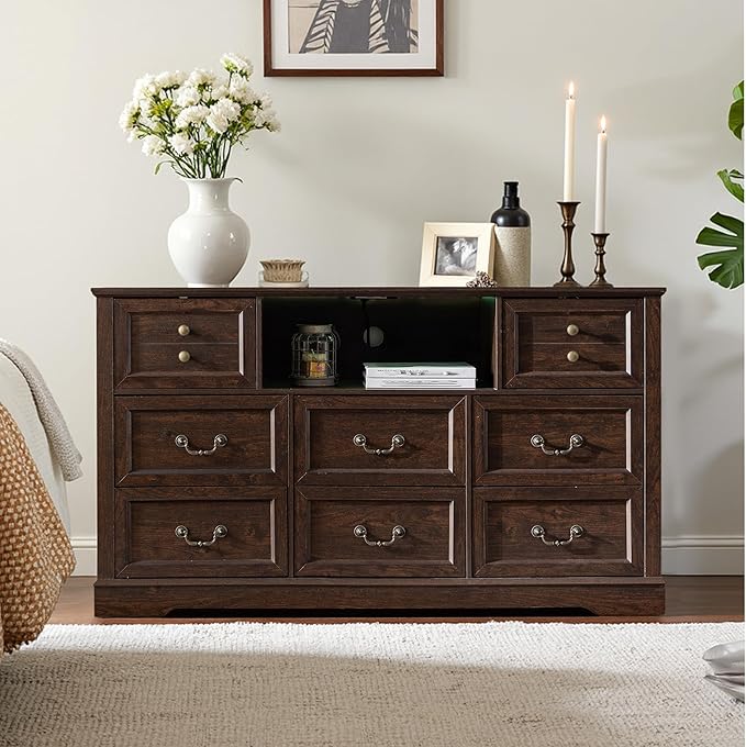 Dresser for Bedroom with Charging Station & Led Lights,55.02" TV Stand with 8 Drawers,Dressers & Chests of Drawers with Open Shelves,Hallway,Closet 55.02" W x 34.53" H x 15.77" D Brown