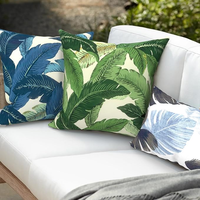 Pack of 2 Patio Throw Pillow Covers ONLY, Water Repellent Cushion Cases 20x20 Inch, Square Pillowcases for Outdoor Couch Decoration, Swaying Palms Green