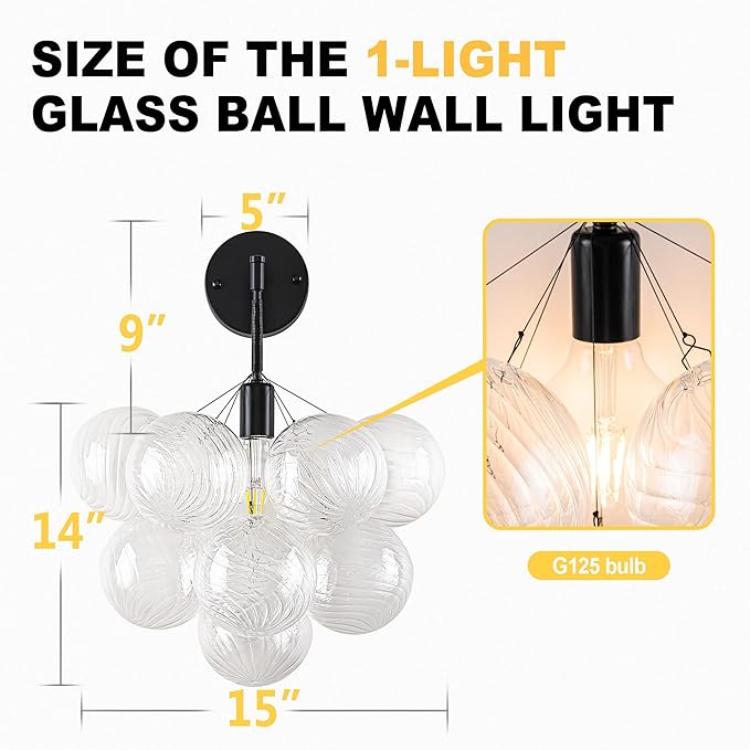 Bubble Wall Sconce, Hand Blown Wall Lights 15“ Dia Balls Shade Glass Lighting Wall Sconces, Clear Glass Wall Mounted Light Fixture for Living Room, Dining Room, Corridor, Bedroom (Black)