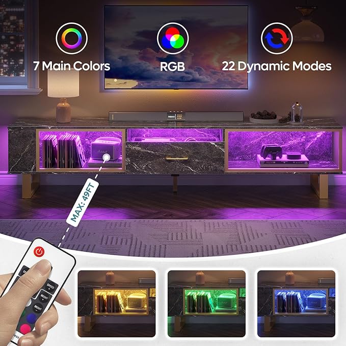 Bestier 80 Inch TV Stand for 65/75/85/90 Inch TVs, LED Gaming Entertainment Center for PS5 with Open Storage and Drawer, Modern High Gloss Media Console for Living Room Bedroom, Black Marble